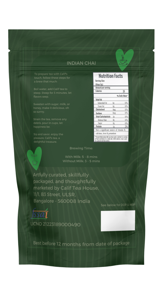 Calif Indian chai tea packaging showing ingredients and brewing instructions